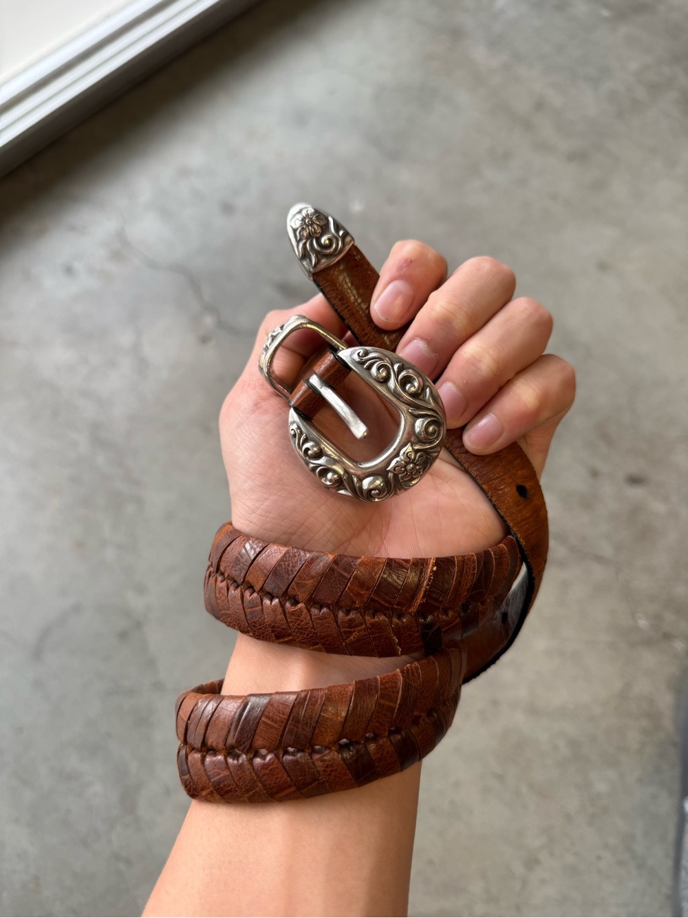 G.H. Bass & Co. Braided Brown Leather Western Buckle Silver Tip Full Grain